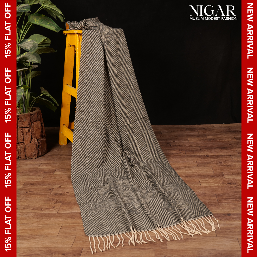 Chevron Blossom Wool Stole - Dark Grey