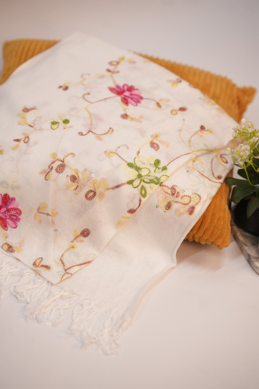 Pashmina Floral Embroidered - White