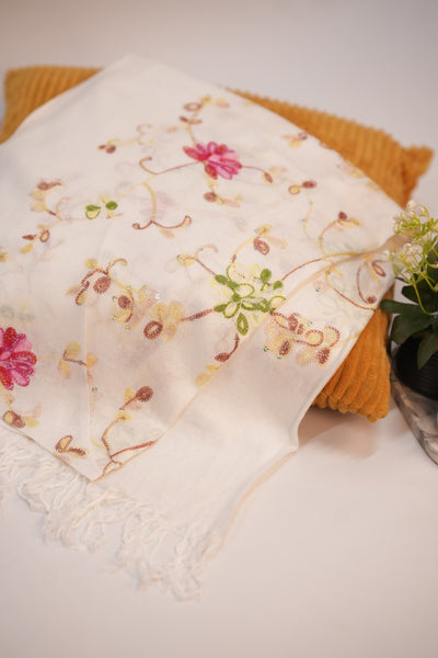 Pashmina Floral Embroidered - White