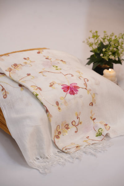 Pashmina Floral Embroidered - White