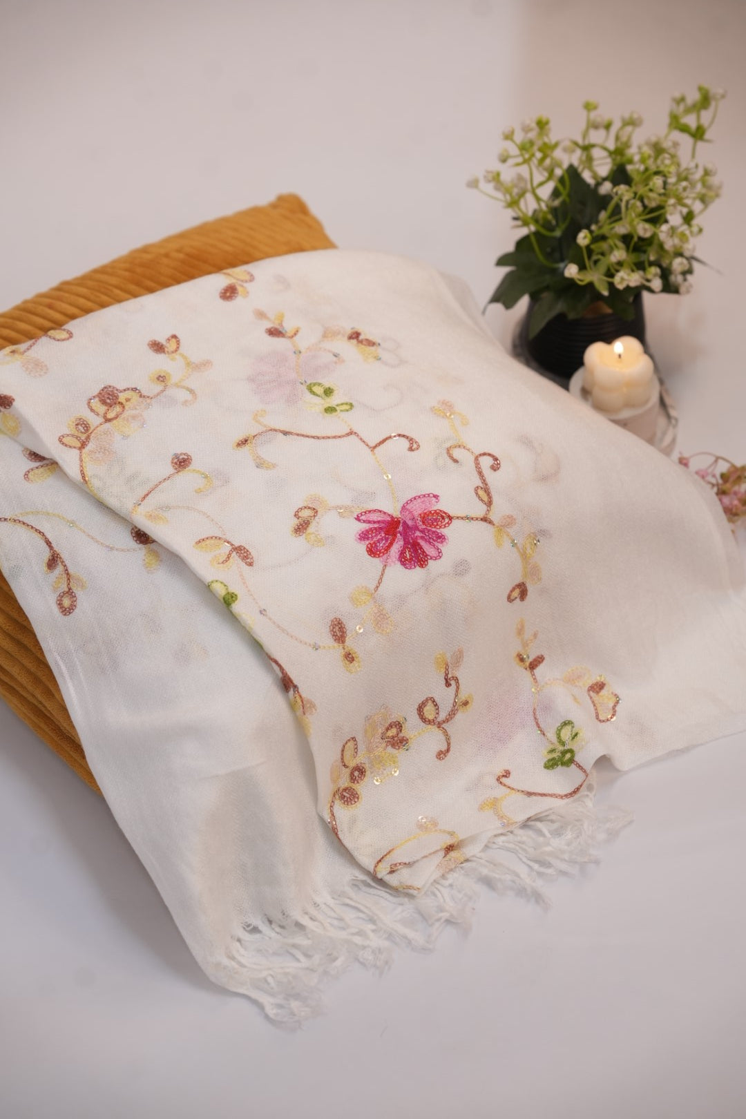 Pashmina Floral Embroidered - White