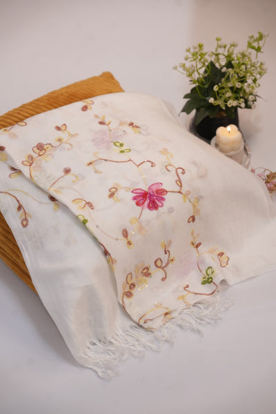 Pashmina Floral Embroidered - White