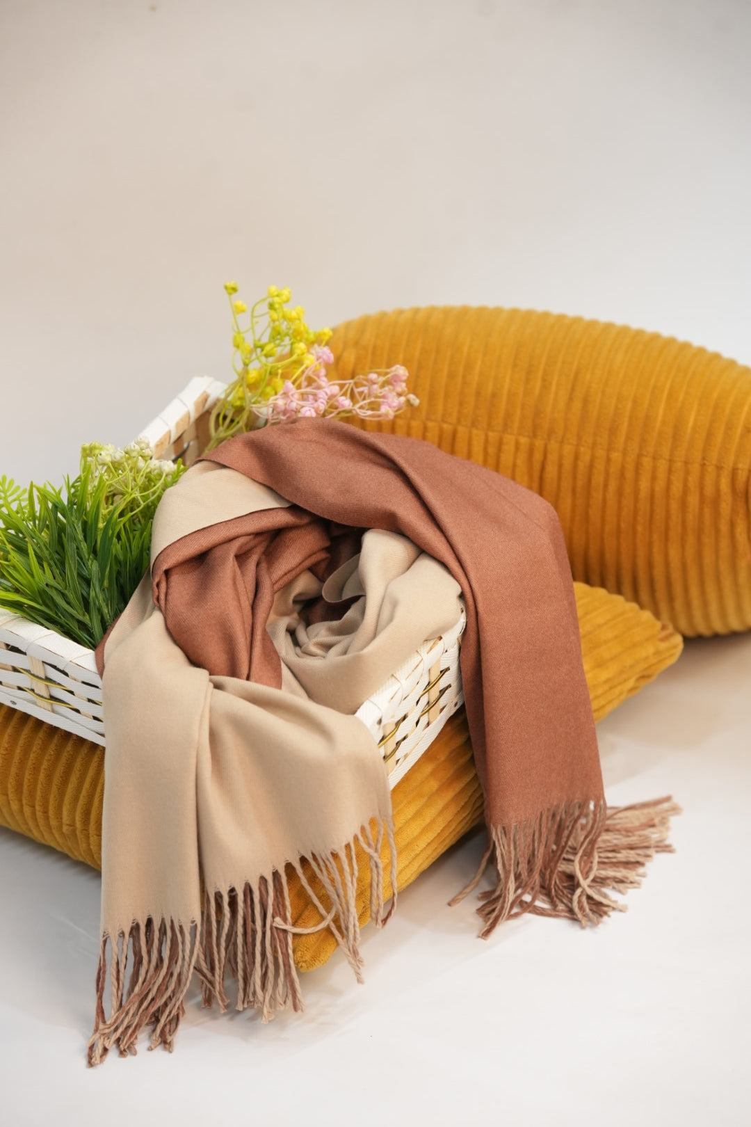 Woolen Two-Tone Scarf (Cream & Biscuit Brown)