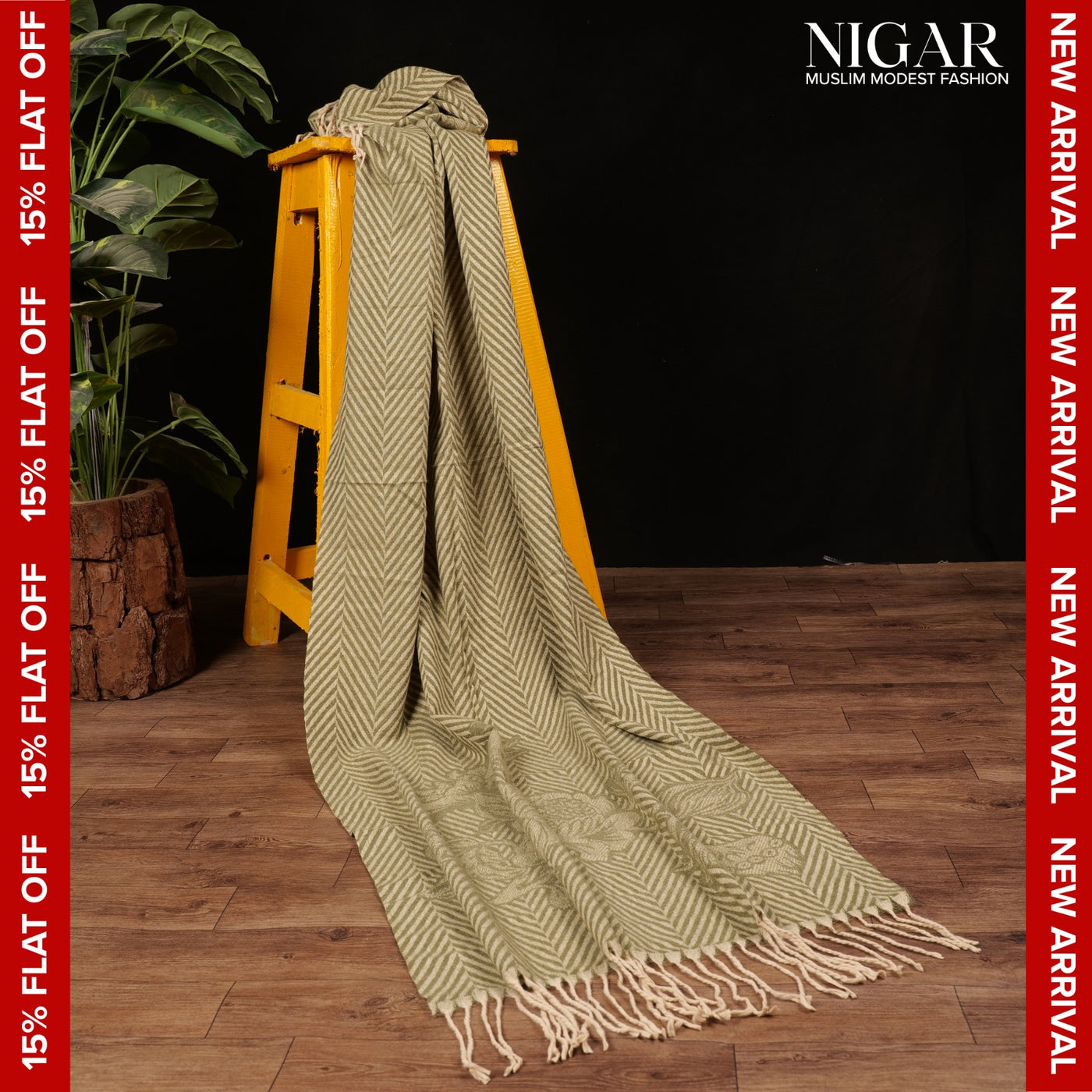 Chevron Blossom Wool Stole - Green