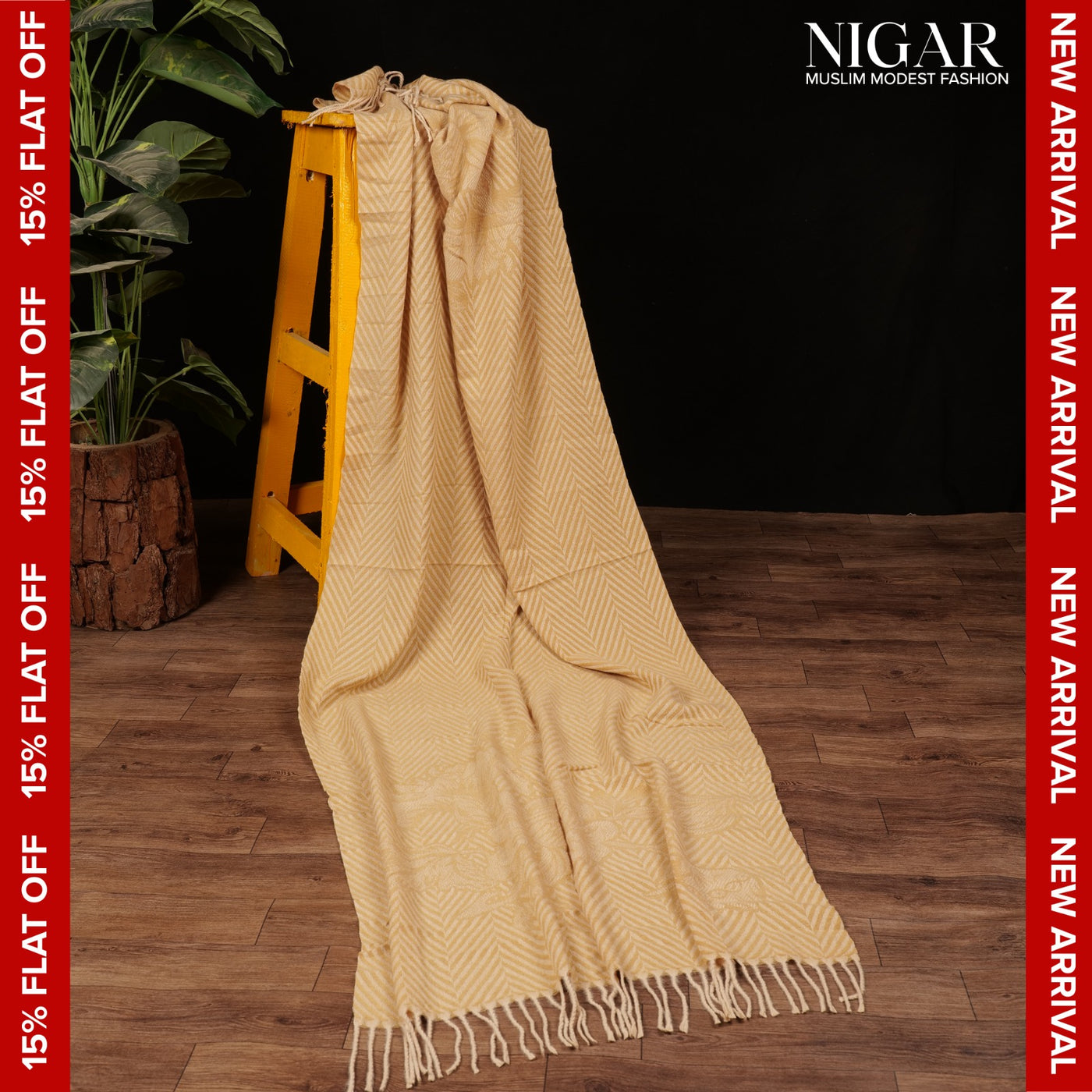 Chevron Blossom Wool Stole - Caramel Brown